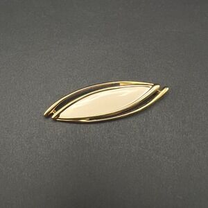 Monet Brooch Gold Tone Cream Enamel Ellipse Modernist Vintage 80s Pin Elegant